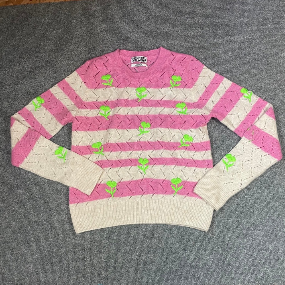 Essentiel Antwerp Jivine Pullover Womens M Pink Cream Striped Floral Embroidered